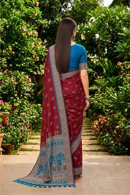 Sangam prints maroon satin woven work traditional saree 2