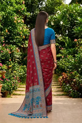 Sangam prints maroon satin woven work traditional saree