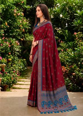 Sangam prints maroon satin woven work traditional saree 3