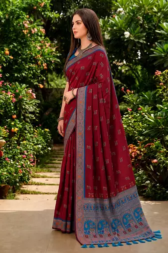 Sangam prints maroon satin woven work traditional saree