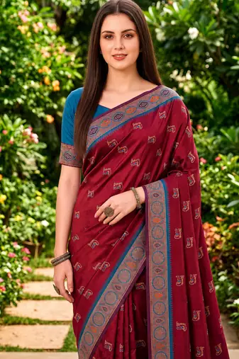 Sangam prints maroon satin woven work traditional saree