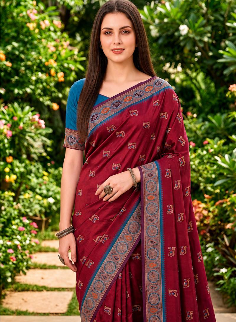 Sangam prints maroon satin woven work traditional saree