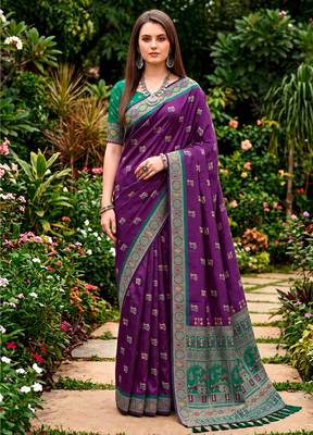 Sangam prints purple satin woven work traditional saree 1
