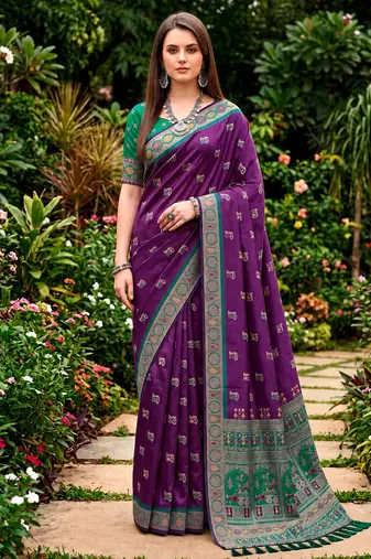 Sangam prints purple satin woven work traditional saree