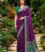 Sangam prints purple satin woven work traditional saree