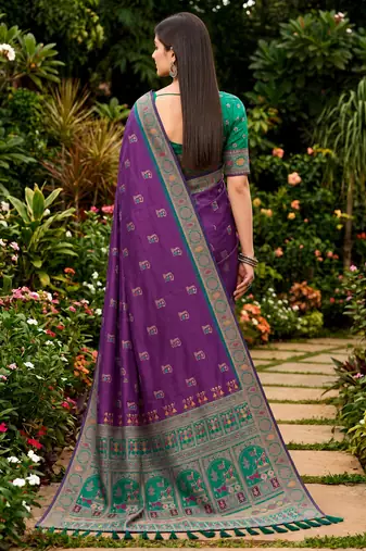Sangam prints purple satin woven work traditional saree