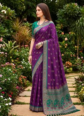 Sangam prints purple satin woven work traditional saree 3
