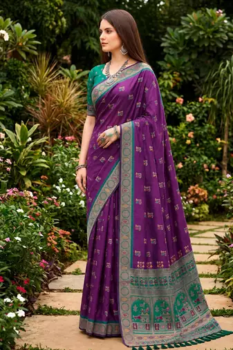 Sangam prints purple satin woven work traditional saree