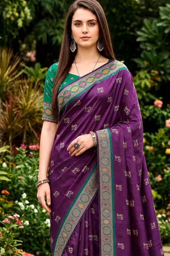 Sangam prints purple satin woven work traditional saree