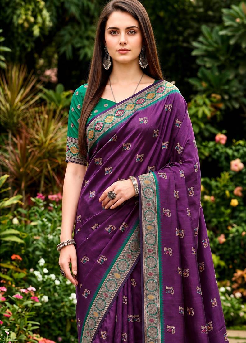 Sangam prints purple satin woven work traditional saree