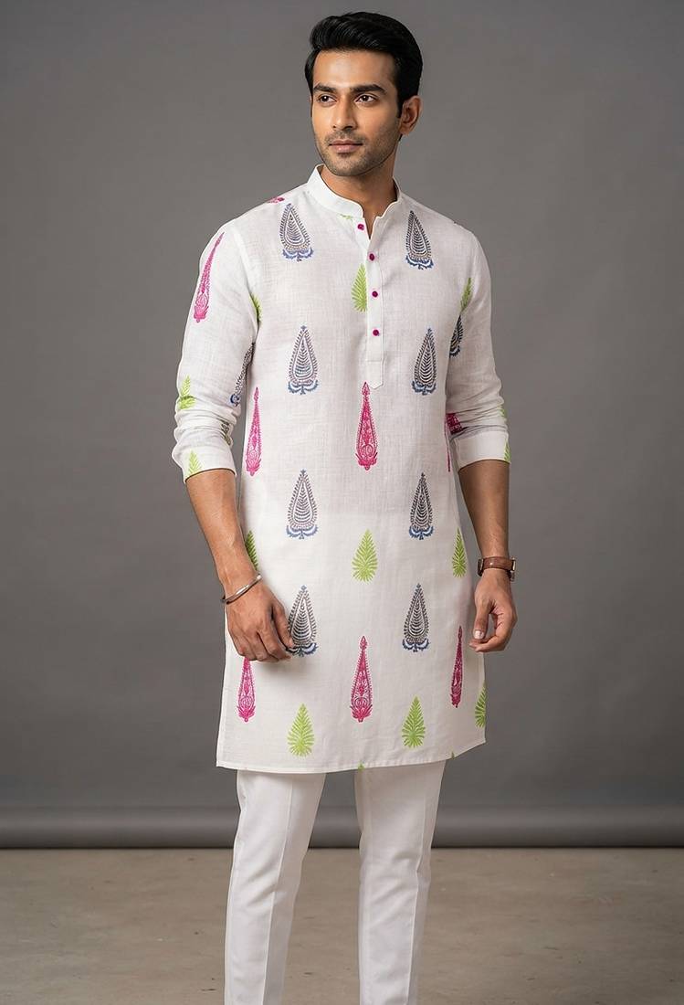 Men's off-white printed kurta set