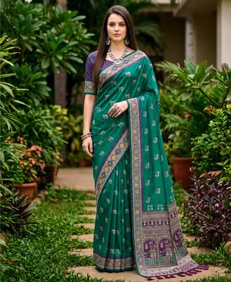 Sangam prints teal green satin woven work traditional saree 1