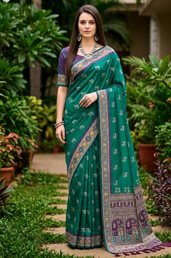 Sangam prints teal green satin woven work traditional saree