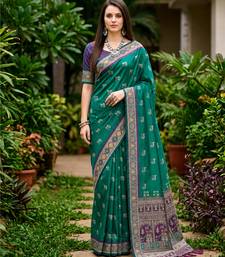 Sangam prints teal green satin woven work traditional saree