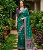 Sangam prints teal green satin woven work traditional saree