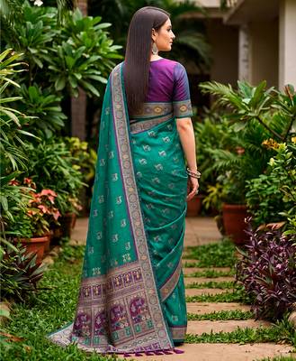 Sangam prints teal green satin woven work traditional saree 2