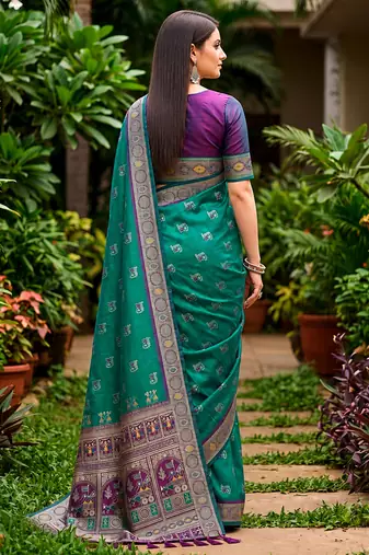 Sangam prints teal green satin woven work traditional saree