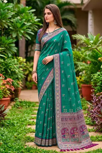 Sangam prints teal green satin woven work traditional saree