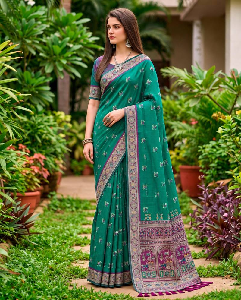 Sangam prints teal green satin woven work traditional saree