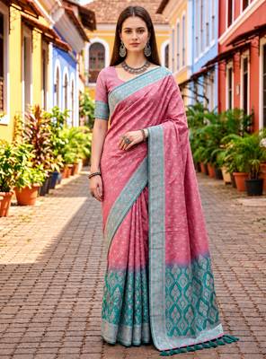 Sangam prints dusty pink satin woven work traditional saree 1