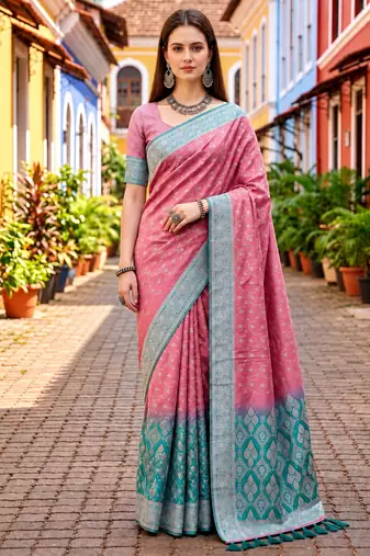 Sangam prints dusty pink satin woven work traditional saree
