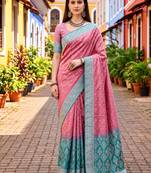 Sangam prints dusty pink satin woven work traditional saree