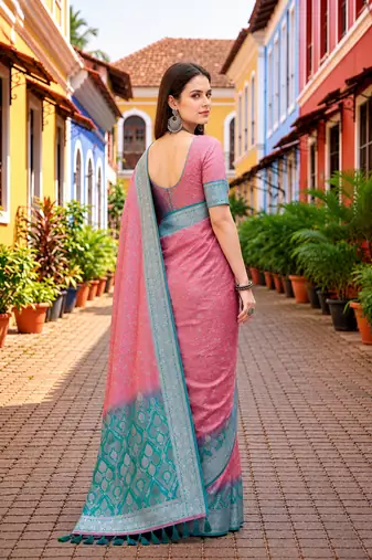 Sangam prints dusty pink satin woven work traditional saree