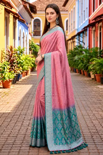 Sangam prints dusty pink satin woven work traditional saree
