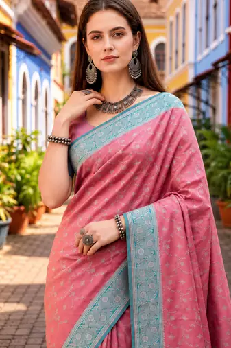 Sangam prints dusty pink satin woven work traditional saree