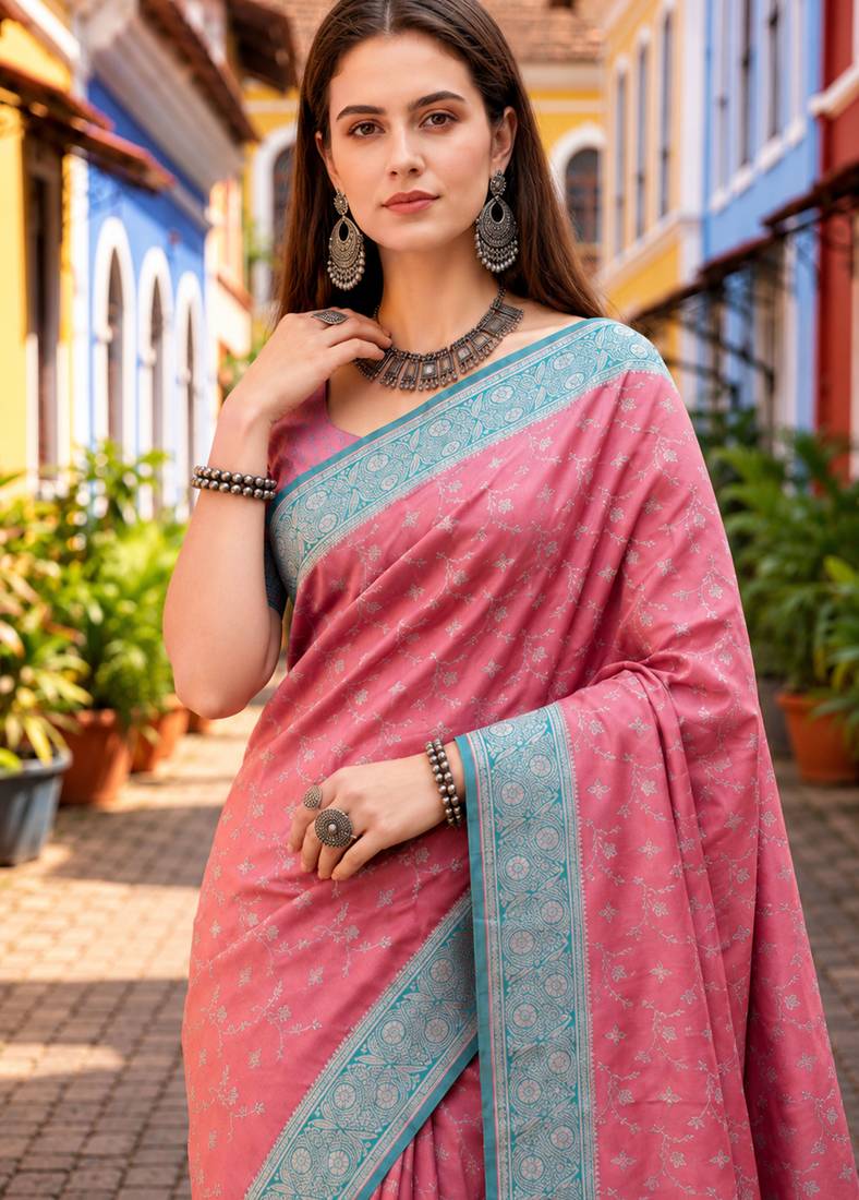 Sangam prints dusty pink satin woven work traditional saree