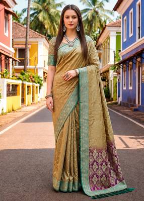 Sangam prints beige-gold satin woven work traditional saree 1