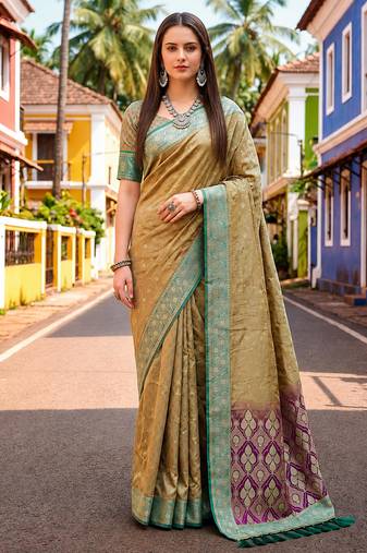 Sangam prints beige-gold satin woven work traditional saree