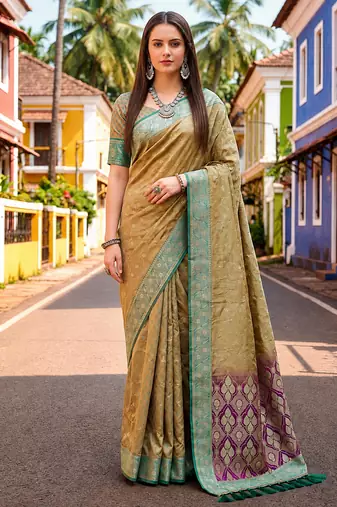 Sangam prints beige-gold satin woven work traditional saree