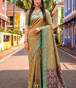 Sangam prints beige-gold satin woven work traditional saree