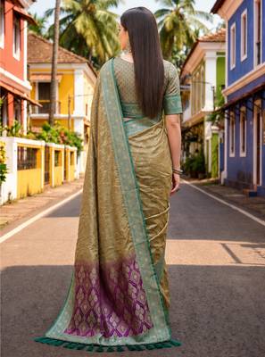 Sangam prints beige-gold satin woven work traditional saree 2