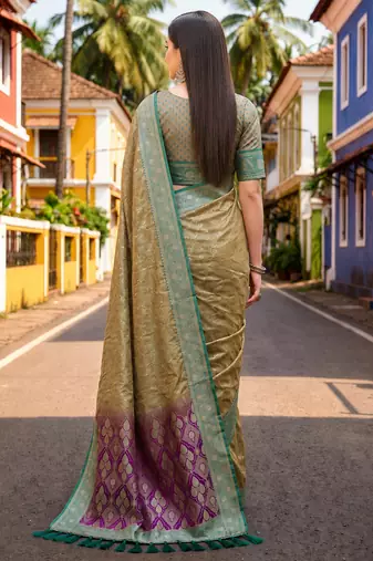 Sangam prints beige-gold satin woven work traditional saree