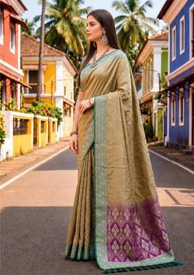 Sangam prints beige-gold satin woven work traditional saree 3