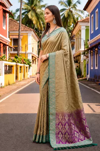Sangam prints beige-gold satin woven work traditional saree