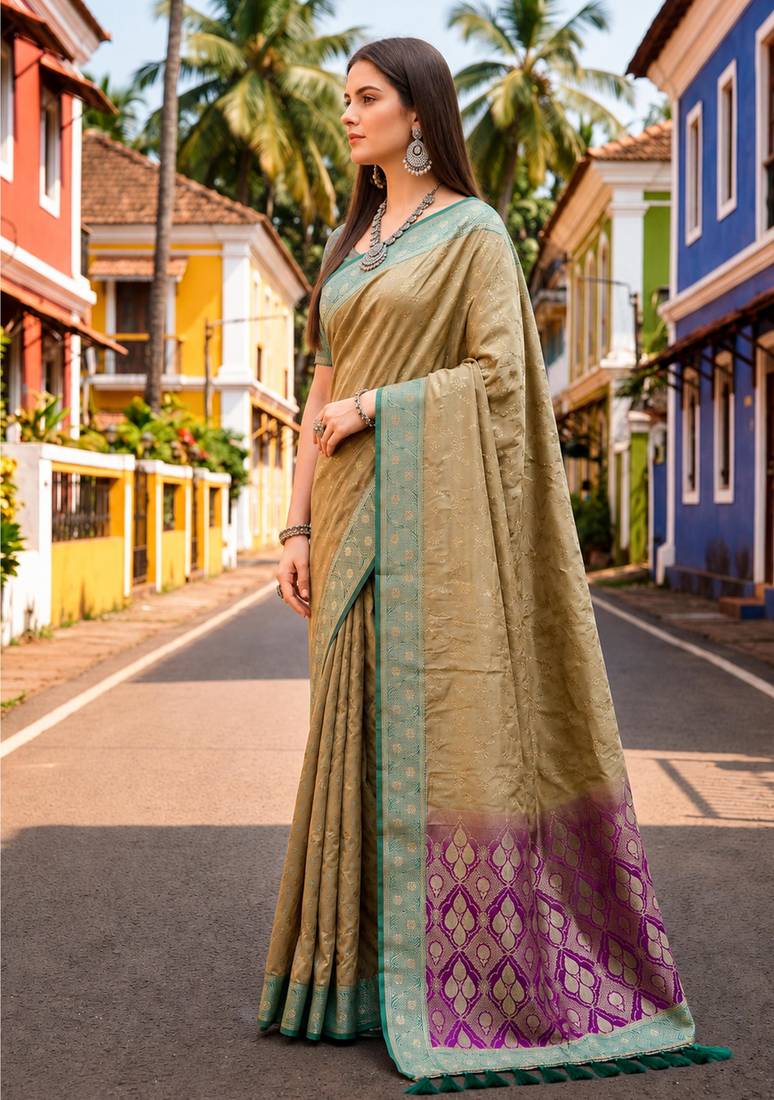 Sangam prints beige-gold satin woven work traditional saree