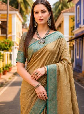 Sangam prints beige-gold satin woven work traditional saree 4