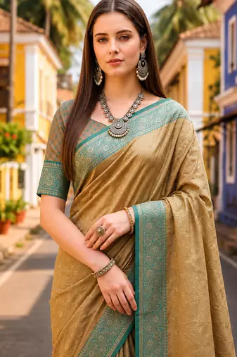 Sangam prints beige-gold satin woven work traditional saree