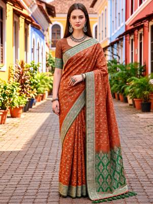 Sangam prints rust orange satin woven work traditional saree 1