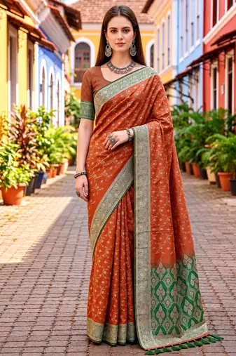 Sangam prints rust orange satin woven work traditional saree