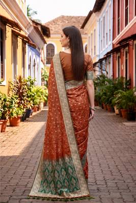 Sangam prints rust orange satin woven work traditional saree 2