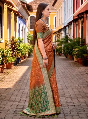 Sangam prints rust orange satin woven work traditional saree 3
