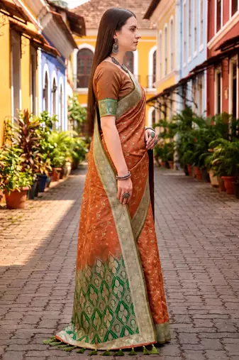 Sangam prints rust orange satin woven work traditional saree