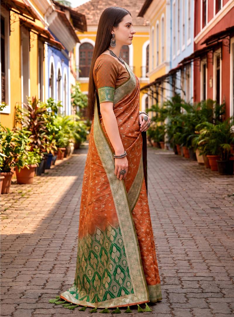 Sangam prints rust orange satin woven work traditional saree