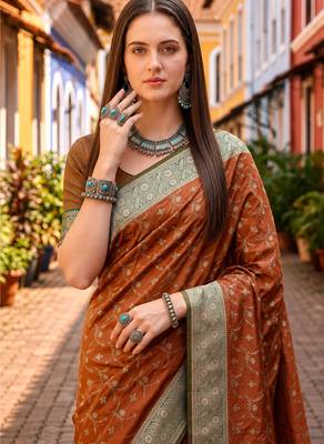Sangam prints rust orange satin woven work traditional saree 4