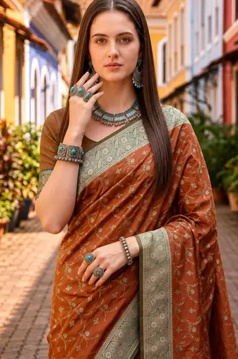 Sangam prints rust orange satin woven work traditional saree