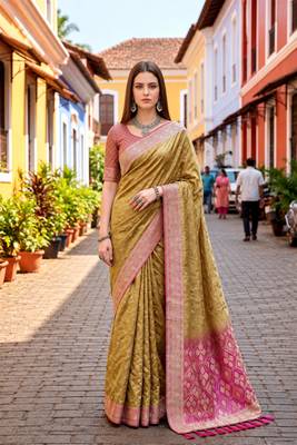 Sangam prints olive gold satin woven work traditional saree 1